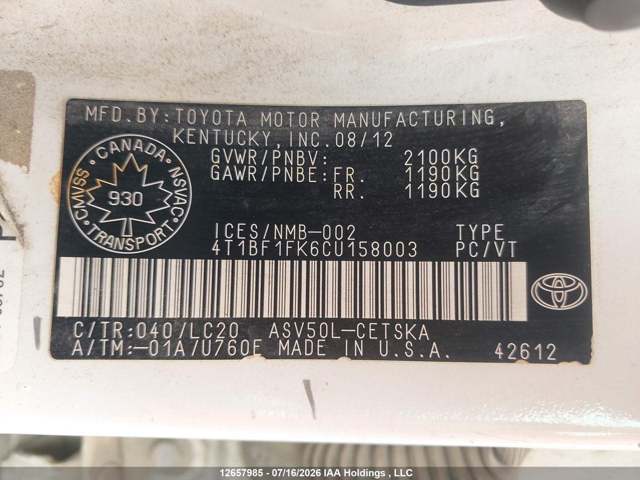 2012 TOYOTA CAMRY SE thumbnail 10