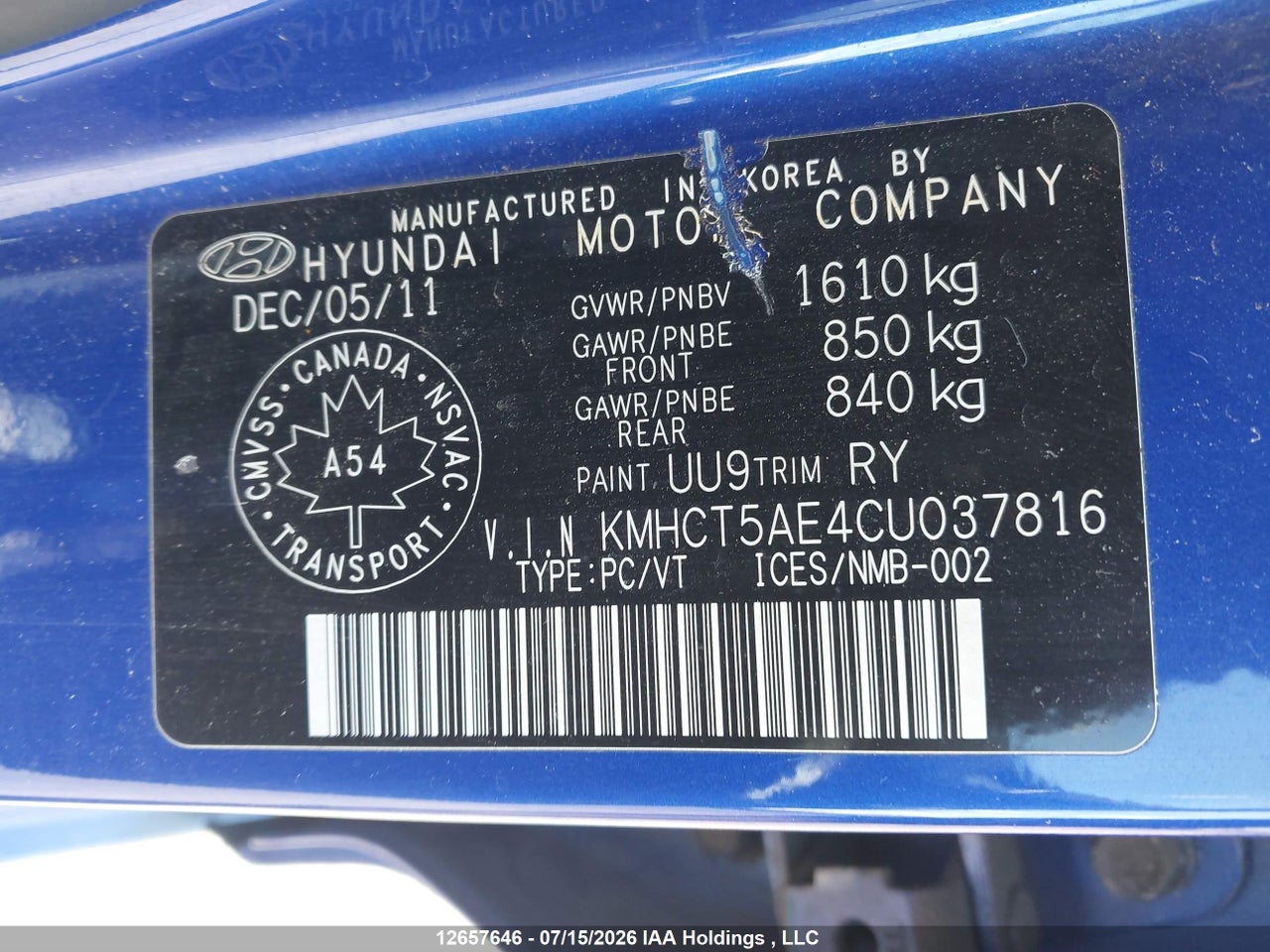 2012 HYUNDAI ACCENT GL thumbnail 10