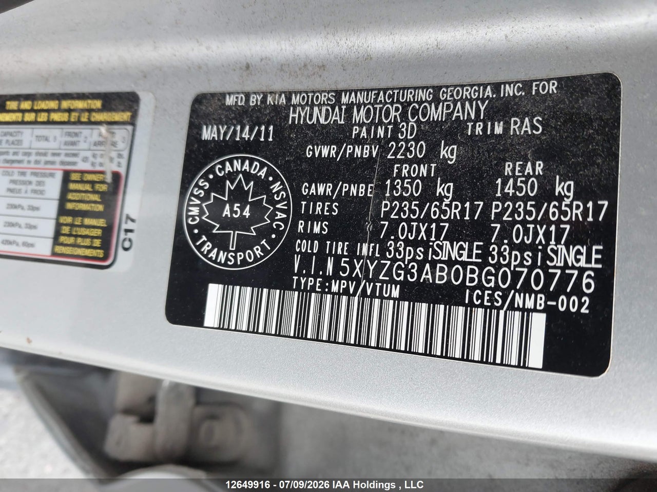 2011 HYUNDAI SANTA FE GL 2.4 thumbnail 10