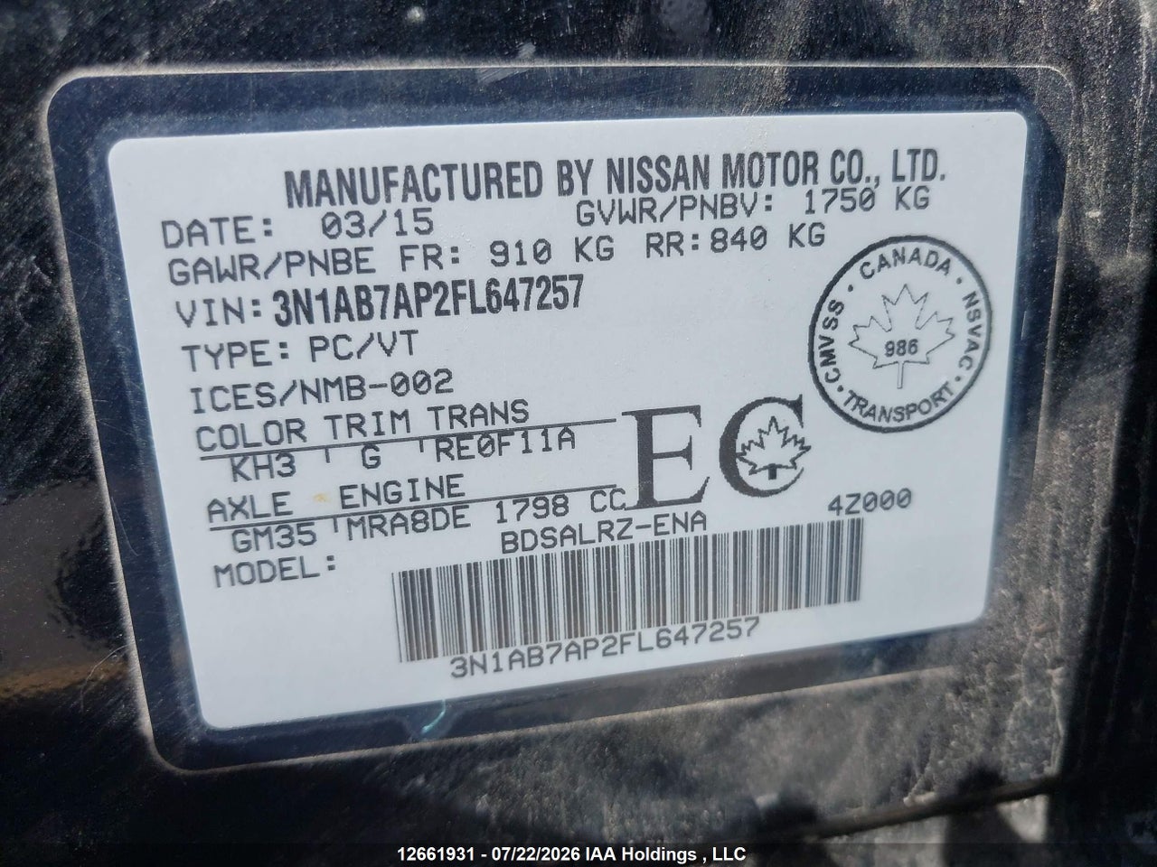 2015 NISSAN SENTRA 1.8 S/1.8 SL/1.8 SR/1.8 SV thumbnail 10