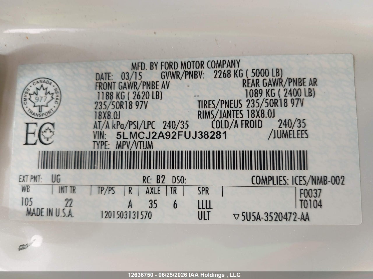 2015 LINCOLN MKC thumbnail 10