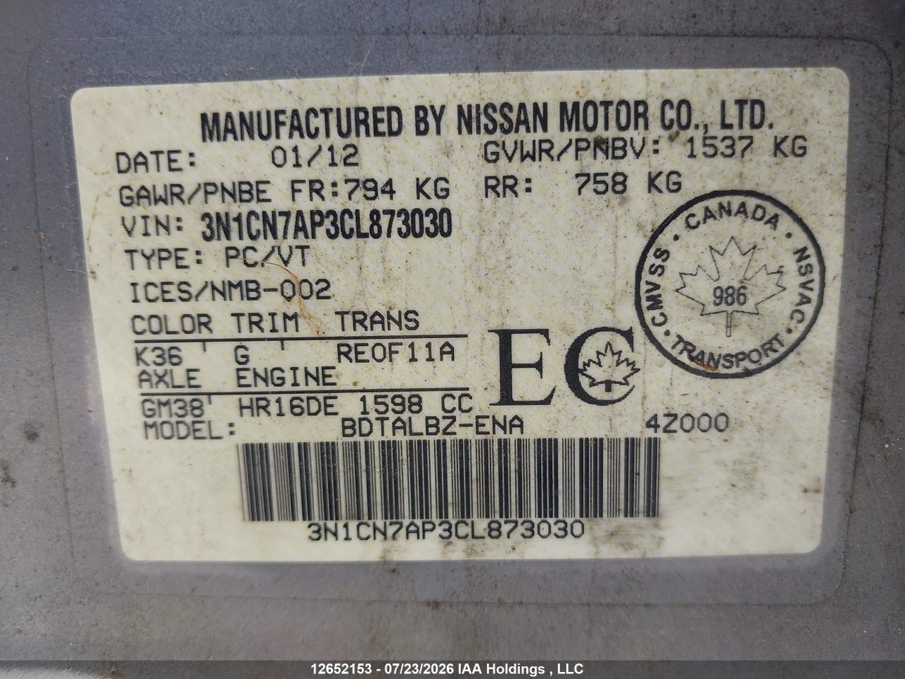 2012 NISSAN VERSA 1.6 SV thumbnail 10
