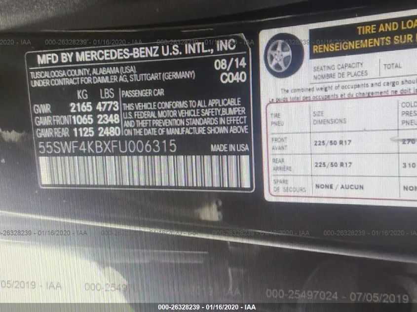 2015 MERCEDES-BENZ C 300 SPORT 4MATIC/LUXURY 4MATIC/4MATIC 55SWF4KBXFU006315