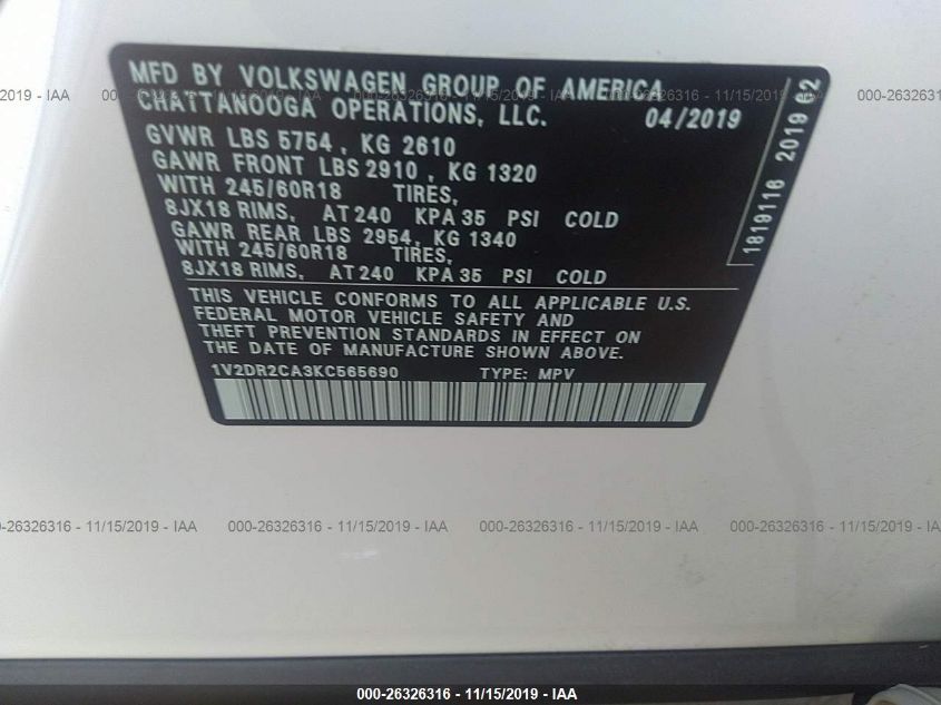 2019 VOLKSWAGEN ATLAS 3.6L V6 SE 1V2DR2CA3KC565690