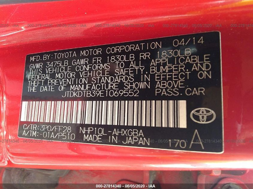 2014 Toyota PRIUS VIN JTDKDTB39E1069552 America Motors