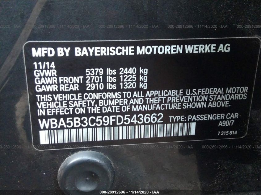 2015 BMW 5 SERIES 535I XDRIVE WBA5B3C59FD543662