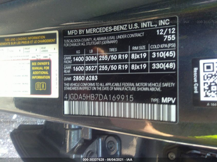 2013 MERCEDES-BENZ ML 350 4JGDA5HB7DA169915