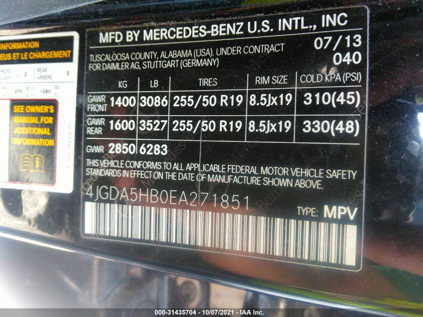 2014 MERCEDES-BENZ ML 350 4JGDA5HB0EA271851