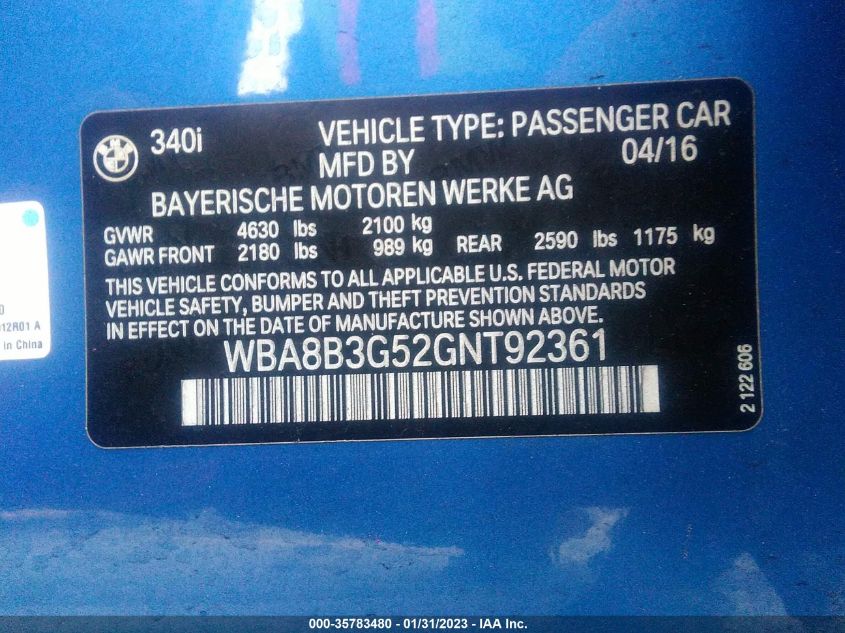 2016 BMW 340I WBA8B3G52GNT92361