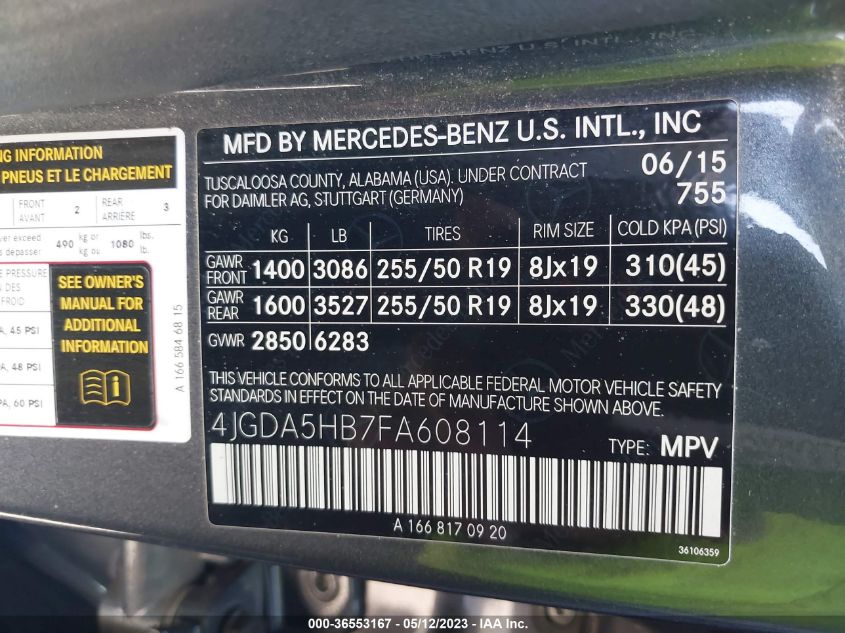 2015 MERCEDES-BENZ ML 350 4JGDA5HB7FA608114