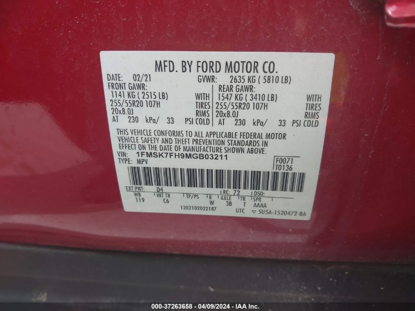 2021 Ford Explorer Limited VIN: 1FMSK7FH9MGB03211 Lot: 37263658