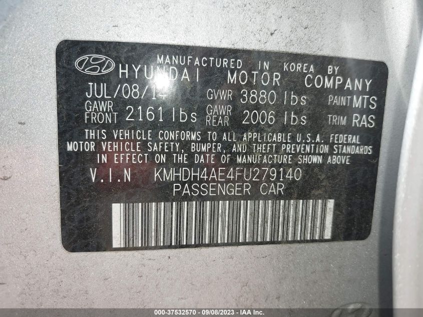 2015 Hyundai Elantra Se VIN: KMHDH4AE4FU279140 Lot: 37532570
