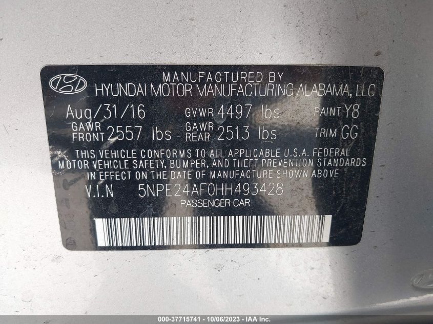 2017 Hyundai Sonata VIN: 5NPE24AF0HH493428 Lot: 37715741