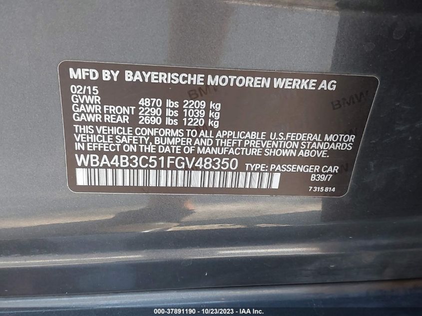 2015 BMW 435I GRAN COUPE XDRIVE WBA4B3C51FGV48350
