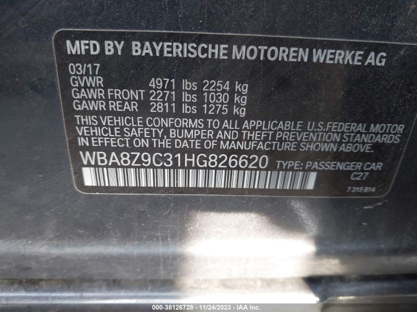 2017 BMW 330I GRAN TURISMO XDRIVE WBA8Z9C31HG826620