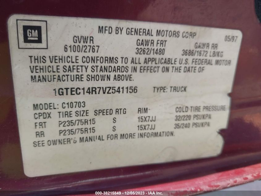 1997 GMC Sierra 1500 Sle Wideside VIN: 1GTEC14R7VZ541156 Lot: 38215849