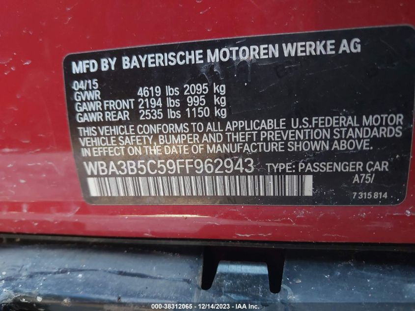 2015 BMW 328I xDrive VIN: WBA3B5C59FF962943 Lot: 38312065