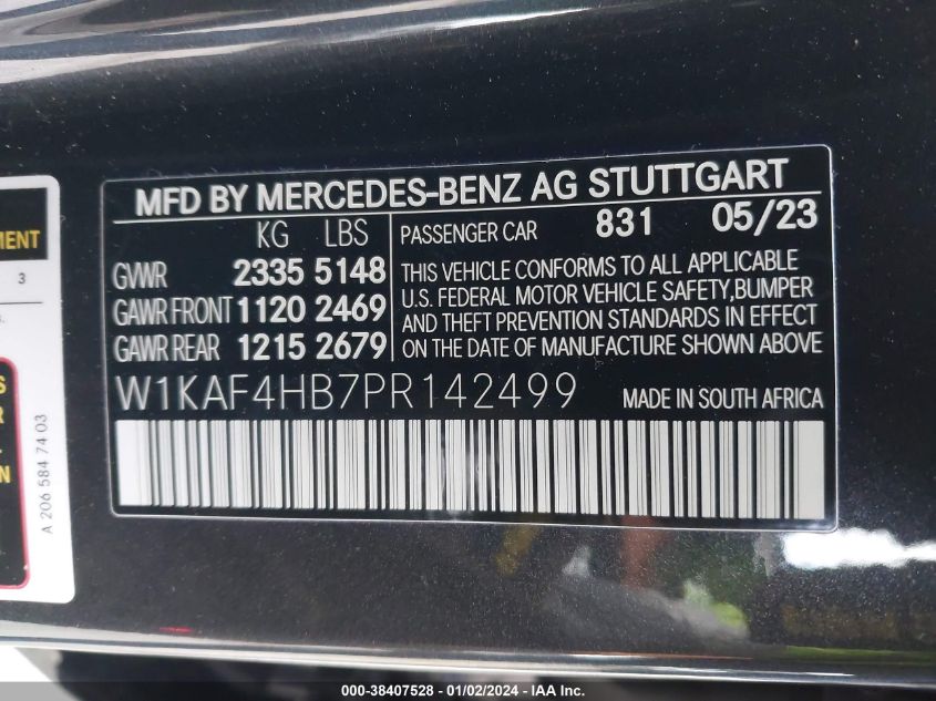 2023 Mercedes-Benz C 300 4Matic VIN: W1KAF4HB7PR142499 Lot: 38407528