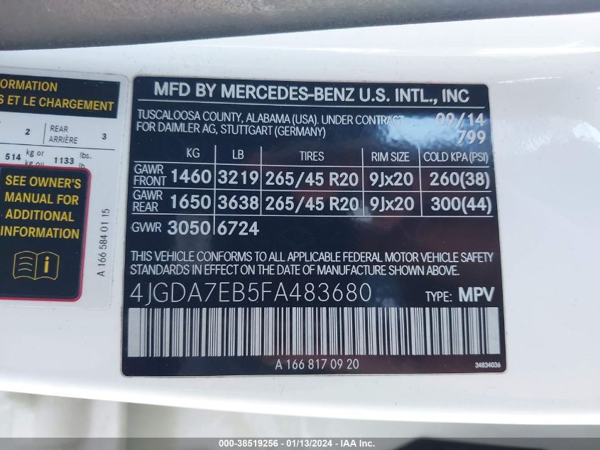 2015 MERCEDES-BENZ ML 63 AMG 4MATIC 4JGDA7EB5FA483680