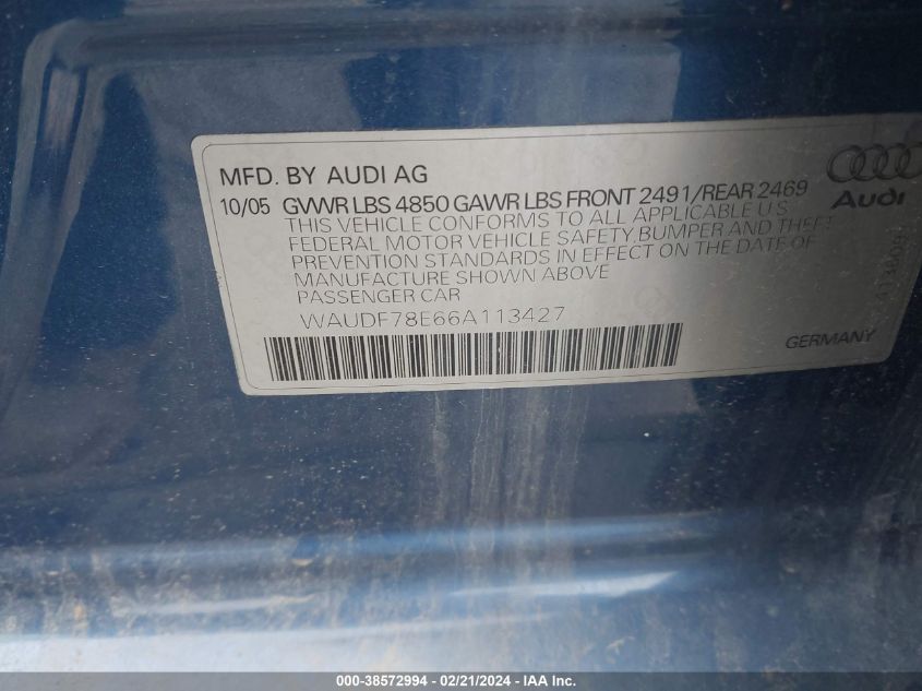 2006 Audi A4 2.0T VIN: WAUDF78E66A113427 Lot: 38572994