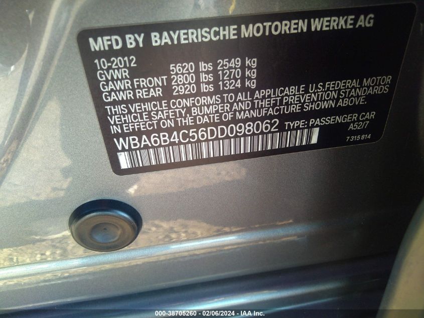 2013 BMW 650I GRAN COUPE XDRIVE WBA6B4C56DD098062