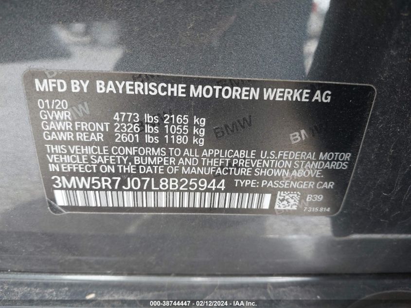 2020 BMW 3 SERIES 2.0L I-4 DI, DOHC, V(VIN: 3MW5R7J07L8B25944