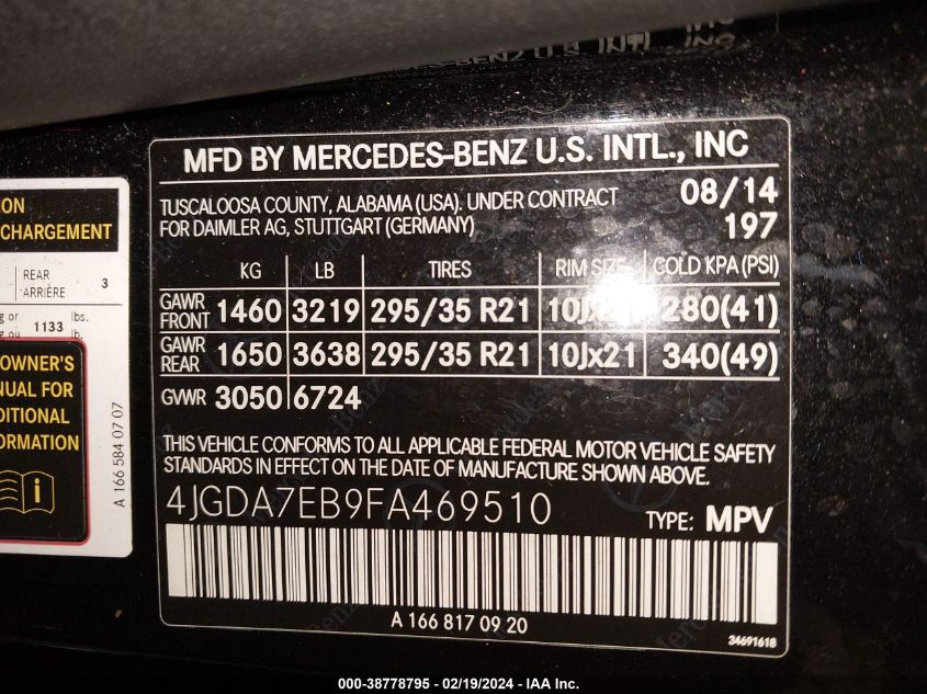 2015 MERCEDES-BENZ ML 63 AMG 4MATIC 4JGDA7EB9FA469510