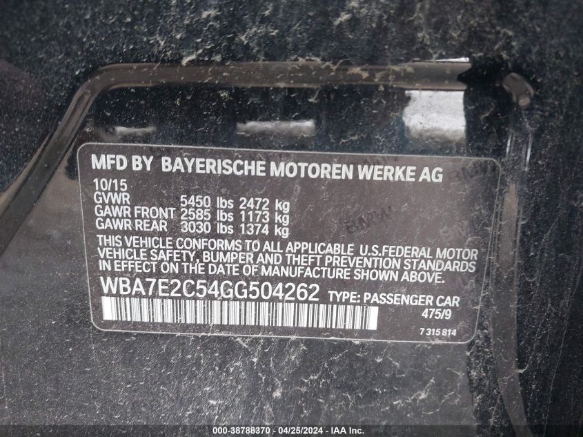 2016 BMW 740I WBA7E2C54GG504262