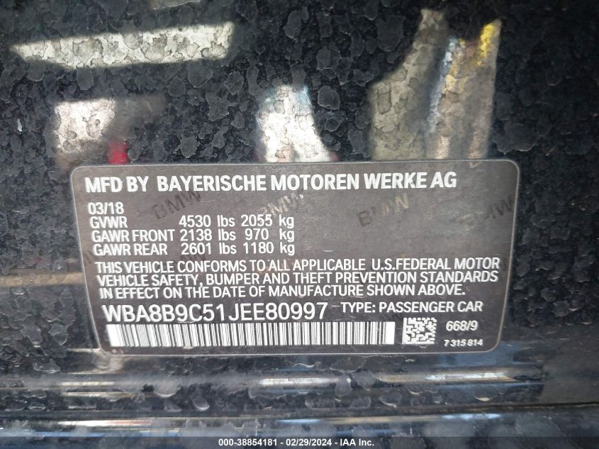 2018 BMW 330I 2.0L I-4 DI, DOHC, V(VIN: WBA8B9C51JEE80997