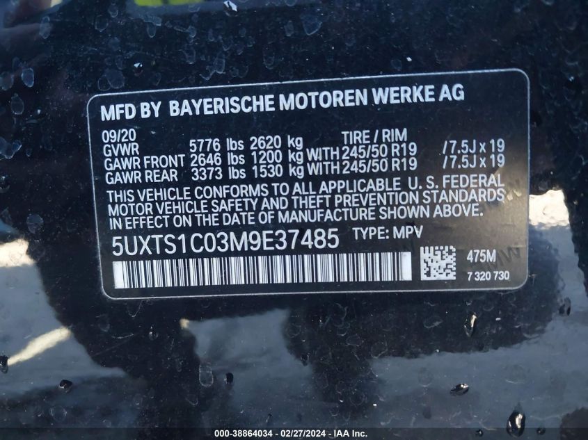 2021 BMW X3 PHEV XDRIVE30E 5UXTS1C03M9E37485