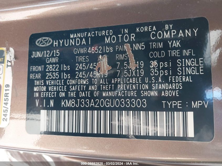 2016 HYUNDAI TUCSON 1.6L I4 FI DOHC 16V (VIN: KM8J33A20GU033303