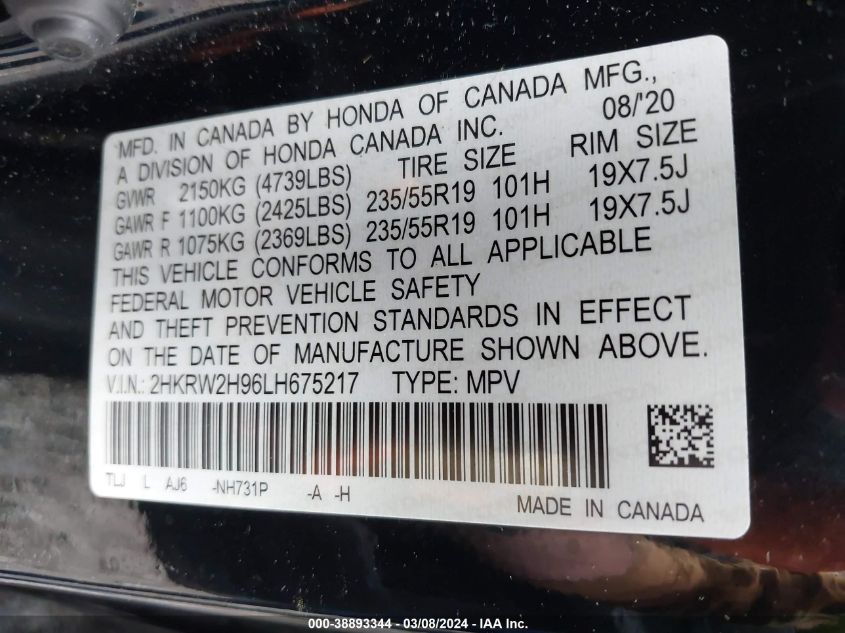 2020 HONDA CR-V AWD TOURING 2HKRW2H96LH675217
