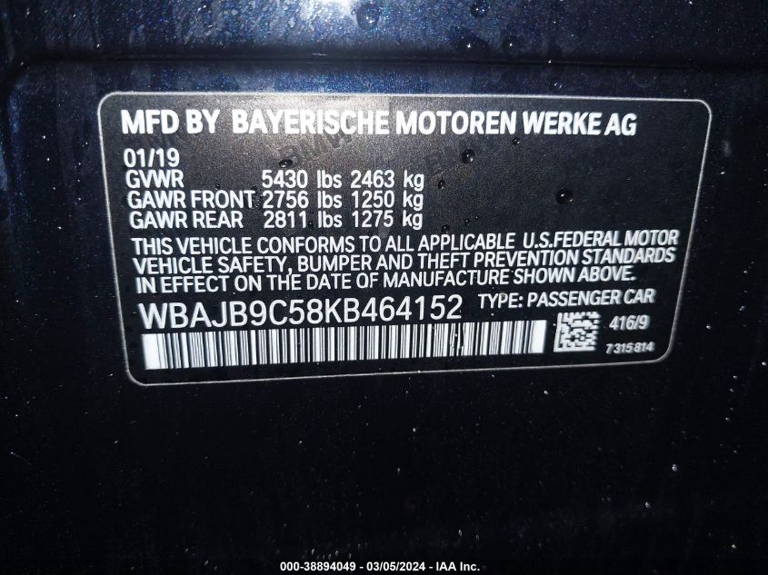 2019 BMW M550I 4.4L V-8 DI, DOHC, V(VIN: WBAJB9C58KB464152