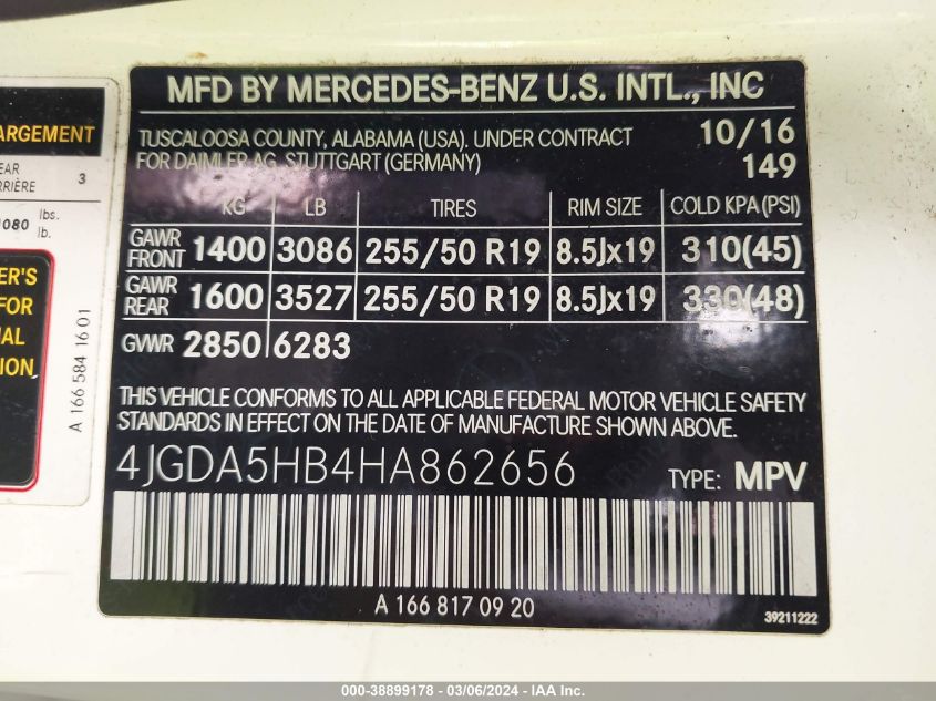 2017 MERCEDES-BENZ GLE 350 3.5L V6 FI DOHC 24V (VIN: 4JGDA5HB4HA862656