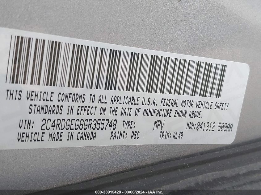 2016 DODGE GRAND CARAVAN 3.6L V-6 DOHC, VVT, (VIN: 2C4RDGEG6GR355748