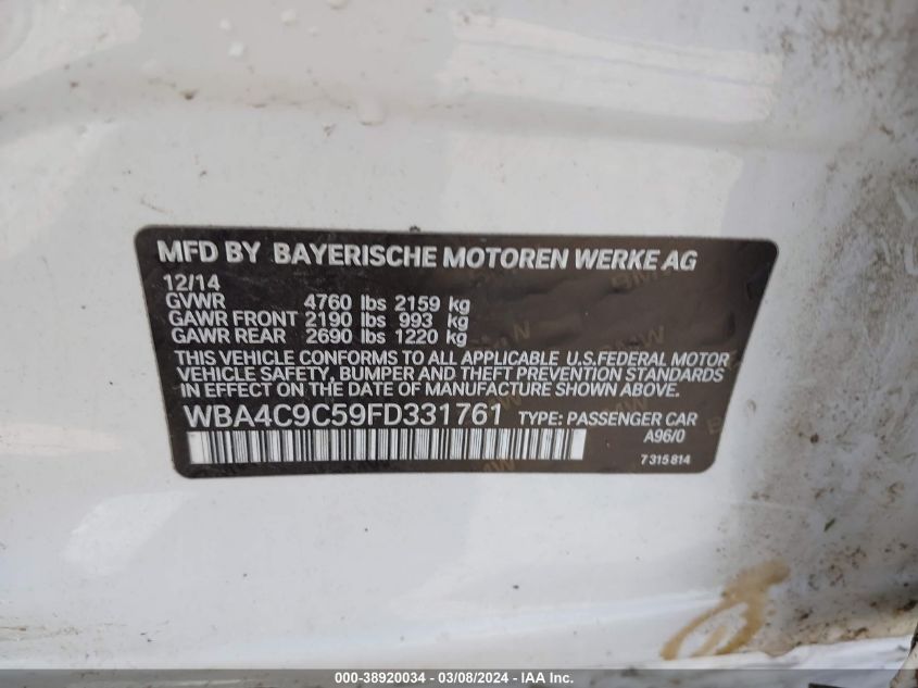 2015 BMW 428 GRAN COUPE 2.0L I-4 DI, DOHC, V(VIN: WBA4C9C59FD331761