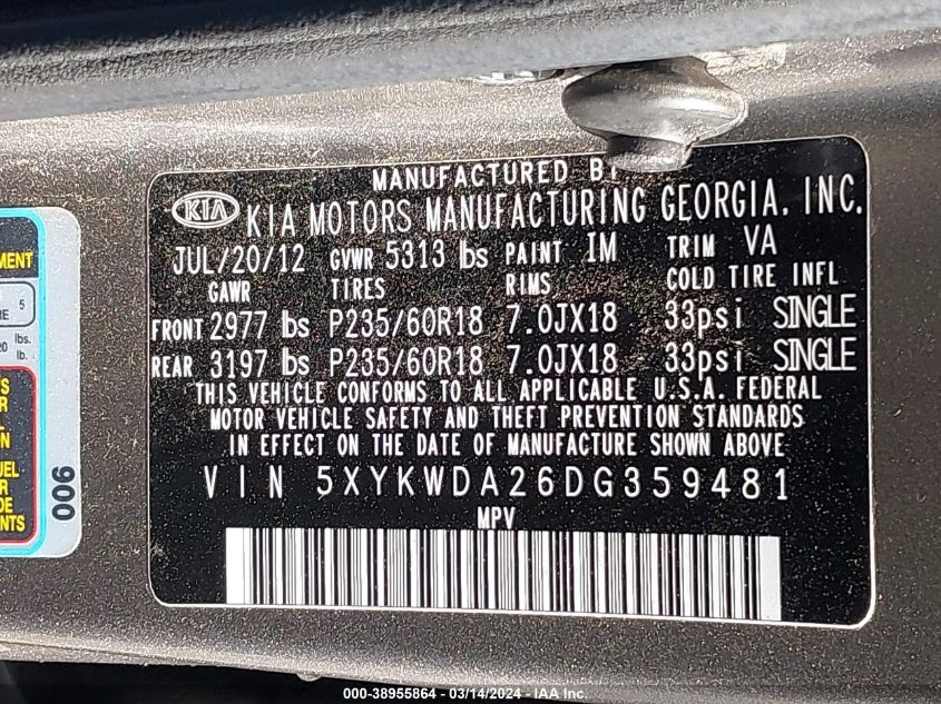 2013 KIA SORENTO SX V6 5XYKWDA26DG359481
