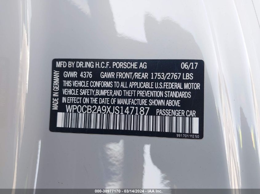 2018 PORSCHE 911 CARRERA GTS WP0CB2A9XJS147187