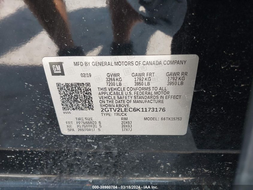 2019 GMC SIERRA LIMITED 5.3L V8 FI OHV 16V N(VIN: 2GTV2LEC6K1173176