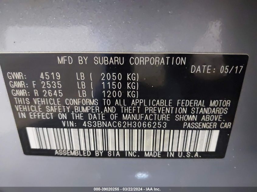2017 SUBARU LEGACY 2.5L H4 FI DOHC 16V (VIN: 4S3BNAC62H3066253