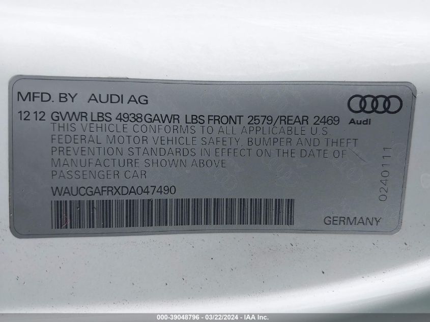 2013 AUDI S5 3.0T PREMIUM PLUS WAUCGAFRXDA047490