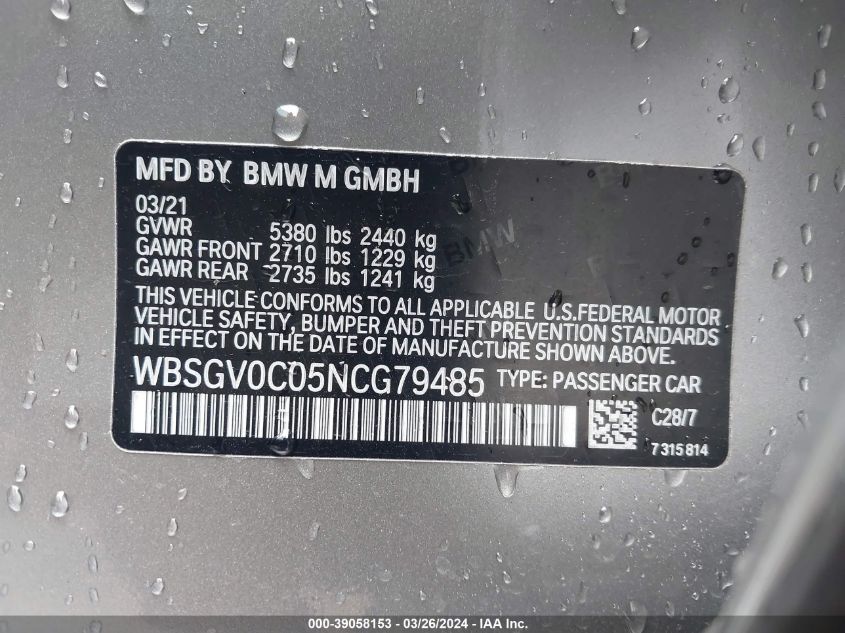 2022 BMW M8 GRAN COUPE 4.4L V-8 DI, DOHC, V(VIN: WBSGV0C05NCG79485