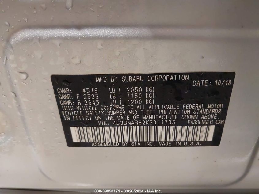 2019 SUBARU LEGACY 2.5L H-4 DOHC, VVT, (VIN: 4S3BNAR62K3011705