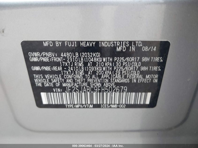 2015 Subaru Forester 2.5I VIN: JF2SJABC9FH502679 Lot: 39063464