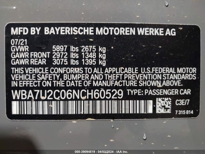 2022 BMW 750 I XDRIVE WBA7U2C06NCH60529