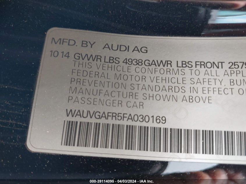 2015 AUDI S5 3.0T PREMIUM PLUS WAUVGAFR5FA030169
