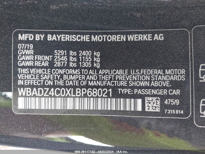 2020 BMW 840I XDRIVE WBADZ4C0XLBP68021