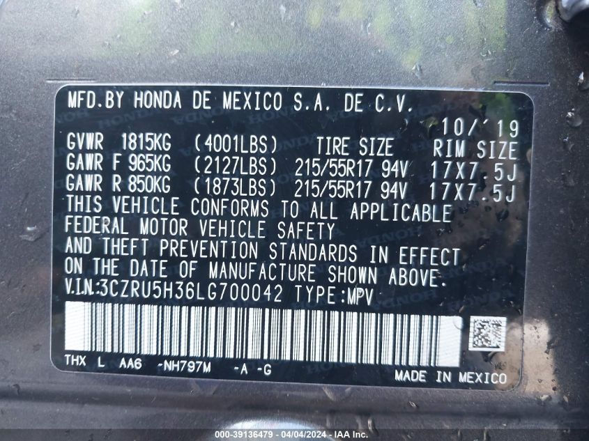 2020 HONDA HR-V 2WD LX 3CZRU5H36LG700042