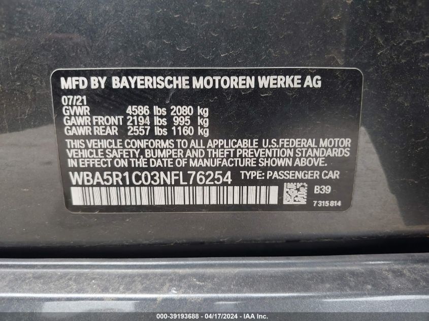 2022 BMW 330I 2.0L I4   N(VIN: WBA5R1C03NFL76254