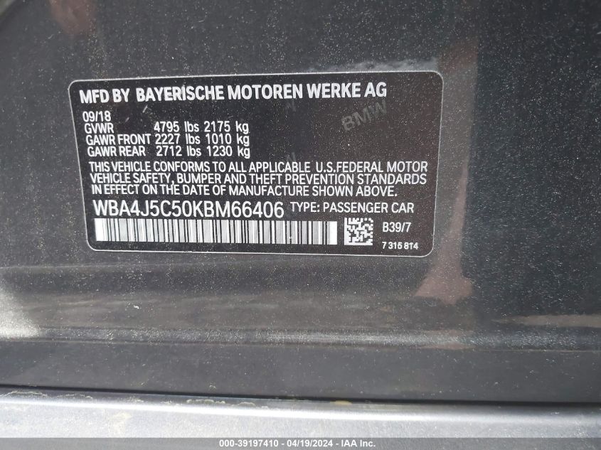 2019 BMW 440I 3.0L I6 FI DOHC 24V (VIN: WBA4J5C50KBM66406